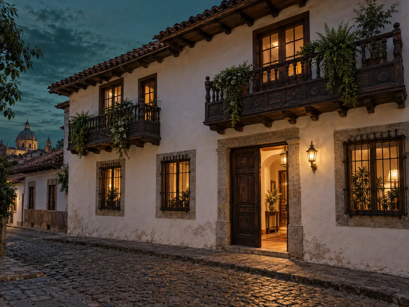 La fachada de una casona colonial al anochecer, con las ventanas iluminadas y balcones de madera.