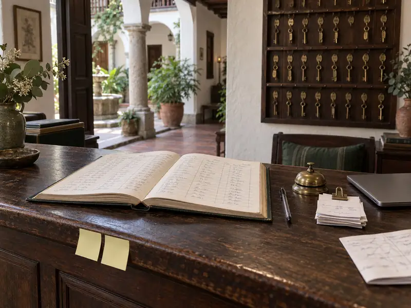 Un cuaderno de registro abierto sobre el mostrador de madera de una recepción, con notas adhesivas.